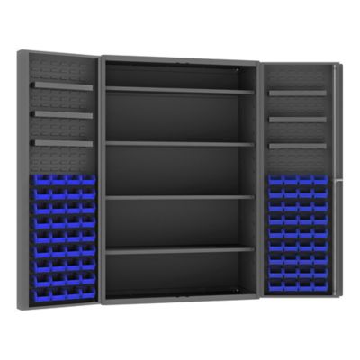Durham MFG 14 Gauge Deep Door Cabinet, 48 in. x 24 in. x 72 in., 72 Blue Bins, 10 Shelves
