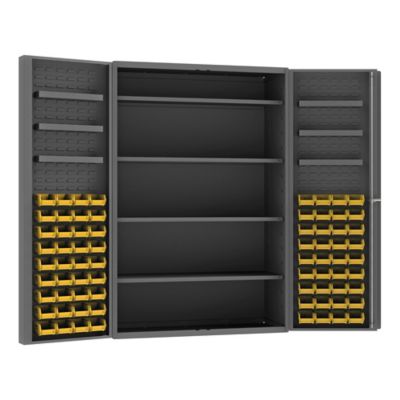 Durham MFG 14 Gauge Deep Door Cabinet, 48 in. x 24 in. x 72 in., 72 Yellow Bins, 10 Shelves
