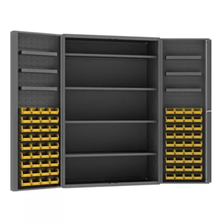 Durham MFG 14 Gauge 48 in x 24 in x 72 in Deep Door Cabinet with 10 Shelves and 72 Bins Yellow Freestanding Garage Cabinets