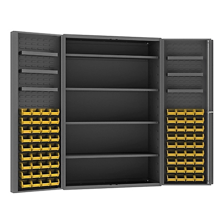 Durham MFG 14 Gauge Deep Door Cabinet, 48 in. x 24 in. x 72 in., 72 Yellow Bins, 10 Shelves