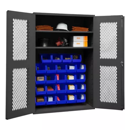 Durham MFG Vented Cabinet 14 Gauge 48 in x 18 in x 72 in 24 Blue Bins Freestanding Garage Cabinets