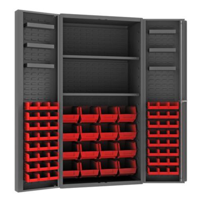 Durham MFG 14 Gauge Deep Door Cabinet, 36 in. x 24 in. x 72 in., 64 Red Bins