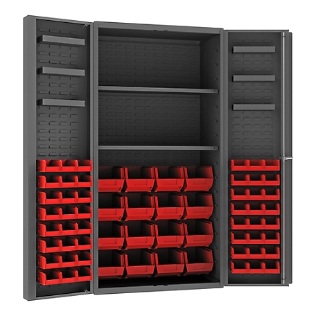 Durham MFG 14 Gauge Deep Door Cabinet, 36 in. x 24 in. x 72 in., 64 Red Bins