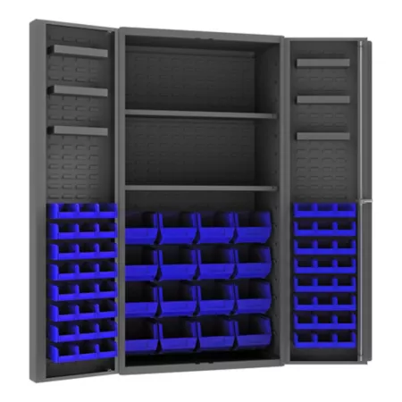 Durham MFG Deep Door Cabinet 14 Gauge 36 in x 24 in x 72 in 64 Blue Bins Freestanding Garage Cabinets