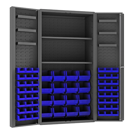 Durham MFG 14 Gauge Deep Door Cabinet, 36 in. x 24 in. x 72 in., 64 Blue Bins
