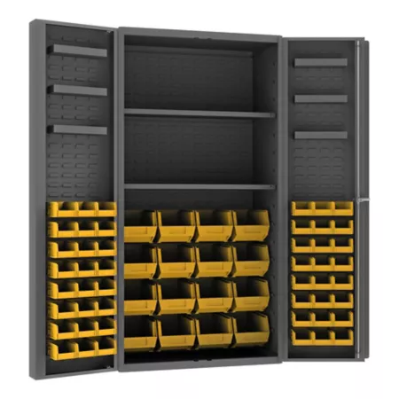 Durham MFG Deep Door Cabinet 14 Gauge 36 in x 24 in x 72 in 64 Yellow Bins Freestanding Garage Cabinets