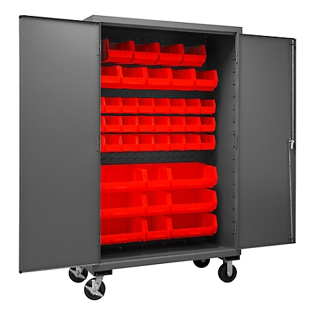 Durham MFG 14-Gauge Steel Mobile Bin Cabinet, 42 Red Bins
