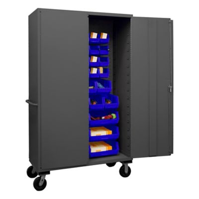 Durham MFG 14-Gauge Steel Mobile Bin Cabinet, 42 Blue Bins