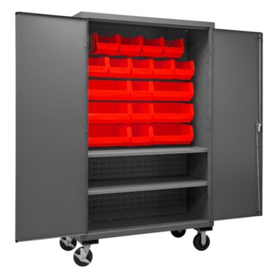 Durham MFG 18-Bin and 2-Shelf Mobile Steel Cabinet, 48 in. x 24 in. x 81 in., Red/Gray