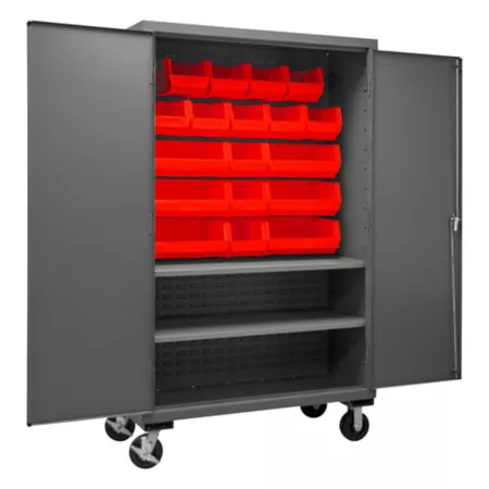 Durham MFG 14 Gauge Steel Mobile Shelving and Bin Cabinet 18 Red Bins 2 Shelves Bin Organizers