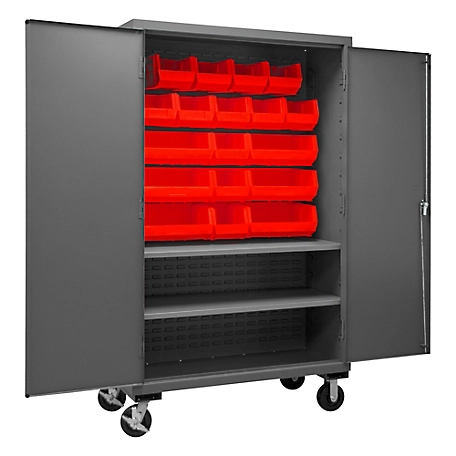 Durham MFG 14-Gauge Steel Mobile Shelf and Bin Cabinet, 18 Red Bins, 2 Shelves