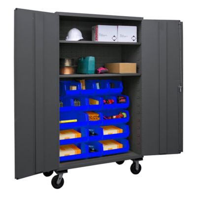 Durham MFG 750 lb. Capacity 14-Gauge Steel Mobile Shelf and Bin Cabinet, 18 Blue Bins, 2 Shelves
