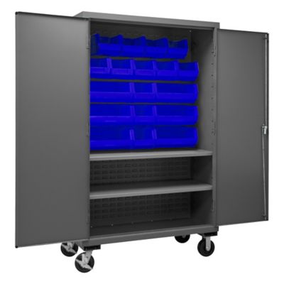 Durham MFG 750 lb. Capacity 14-Gauge Steel Mobile Shelf and Bin Cabinet, 18 Blue Bins, 2 Shelves