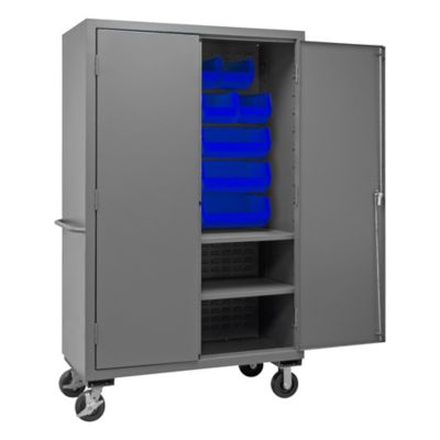 Image showing  18-Bin and 2-Shelf Mobile Steel Cabinet, 48 in. x 24 in. x 81 in., Blue/Gray