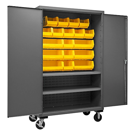Durham MFG 750 lb. Capacity 14-Gauge Steel Mobile Shelf and Bin Cabinet, 18 Yellow Bins, 2 Shelves