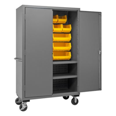Image showing  18-Bin and 2-Shelf Mobile Steel Cabinet, 48 in. x 24 in. x 81 in., Yellow/Gray