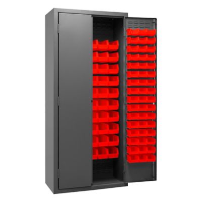 Image showing  156-Bin Steel Cabinet, 36 in. x 18 in. x 84 in., Red/Gray