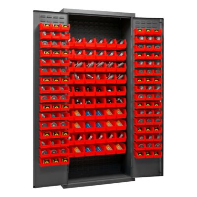 Image showing  156-Bin Steel Cabinet, 36 in. x 18 in. x 84 in., Red/Gray