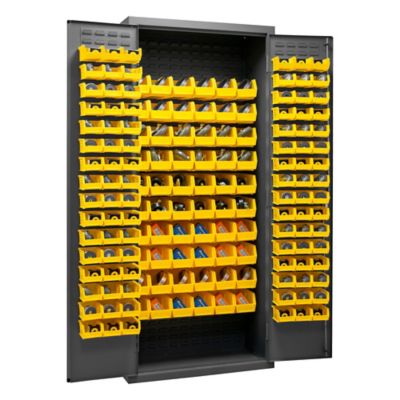 Image showing  156-Bin Steel Cabinet, 36 in. x 18 in. x 84 in., Yellow/Gray
