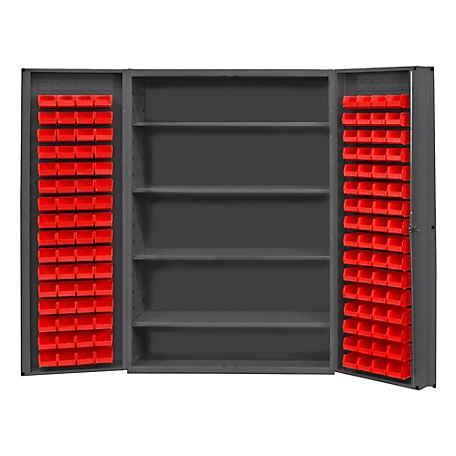 Durham MFG 14 Gauge Deep Door Cabinet, 48 in. x 24 in. x 72 in., 128 Red Bins
