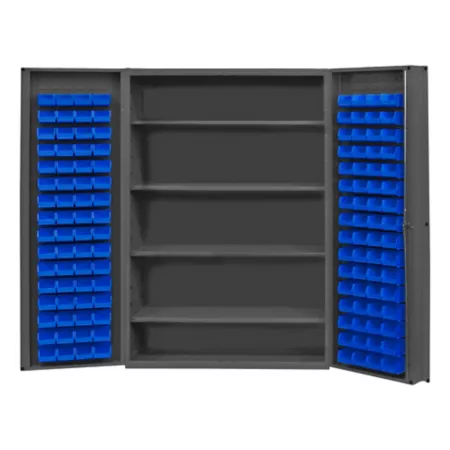 Durham MFG Deep Door Cabinet 14 Gauge 48 in x 24 in x 72 in 128 Blue Bins Freestanding Garage Cabinets