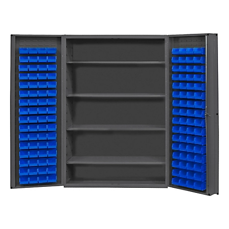 Durham MFG 14 Gauge Deep Door Cabinet, 48 in. x 24 in. x 72 in., 128 Blue Bins
