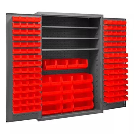 Durham MFG 16 Gauge Steel Bin Shelving and Cabinet 138 Red Bins 3 Shelves Bin Organizers