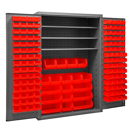 Durham MFG 16-Gauge Steel Shelf and Bin Cabinet, 138 Red Bins, 3 Shelves