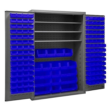 Durham MFG 16-Gauge Steel Shelf and Bin Cabinet, 138 Blue Bins, 3 Shelves