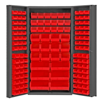 Durham MFG 14 Gauge Deep Door Cabinet, 36 in. x 24 in. x 72 in., 132 Red Bins