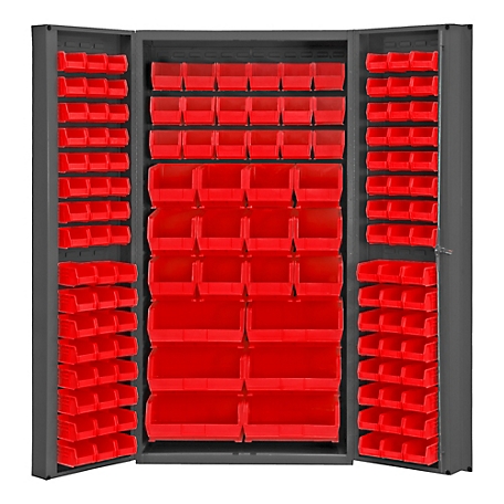 Durham MFG 14 Gauge Deep Door Cabinet, 36 in. x 24 in. x 72 in., 132 Red Bins