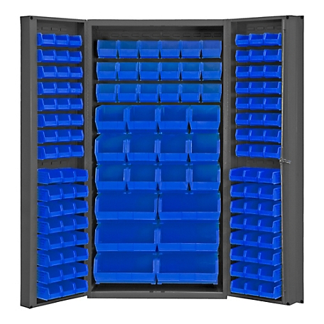 Durham MFG 14 Gauge Deep Door Cabinet, 36 in. x 24 in. x 72 in., 132 Blue Bins