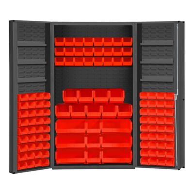 Durham MFG 14 Gauge Deep Door Cabinet, 48 in. x 24 in. x 72 in., 114 Red Bins
