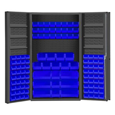 Durham MFG 14 Gauge Deep Door Cabinet, 48 in. x 24 in. x 72 in., 114 Blue Bins