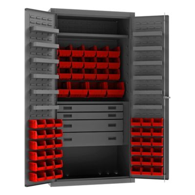 Durham MFG 14 Gauge Steel Bin and Tool Drawer Cabinet, 58 Red Bins