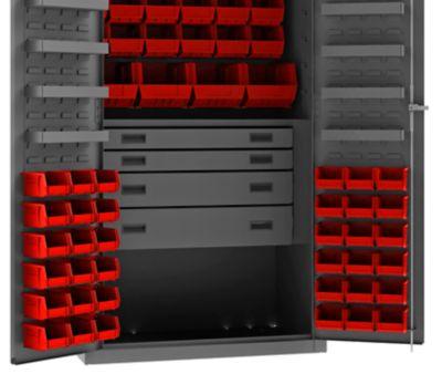 Image showing  58-Bin and 13-Shelf Steel Tool Cabinet, 36 in. x 24 in. x 72 in., Red/Gray