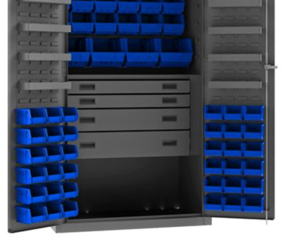 Image showing  58-Bin and 13-Shelf Steel Tool Cabinet, 36 in. x 24 in. x 72 in., Blue/Gray