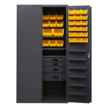 Durham MFG 14 Gauge Steel Bin and Tool Drawer Cabinet, 58 Yellow Bins