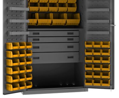 Image showing  58-Bin and 13-Shelf Steel Tool Cabinet, 36 in. x 24 in. x 72 in., Yellow/Gray