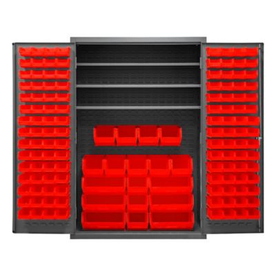 Durham MFG 750 lb. Capacity 14-Gauge Steel Shelf and Bin Cabinet, 138 Red Bins, 3 Shelves