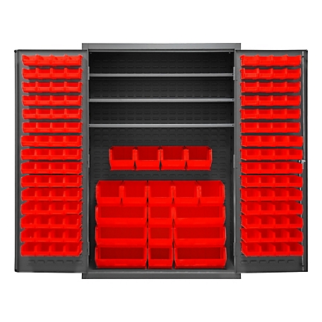 Durham MFG 750 lb. Capacity 14-Gauge Steel Shelf and Bin Cabinet, 138 Red Bins, 3 Shelves