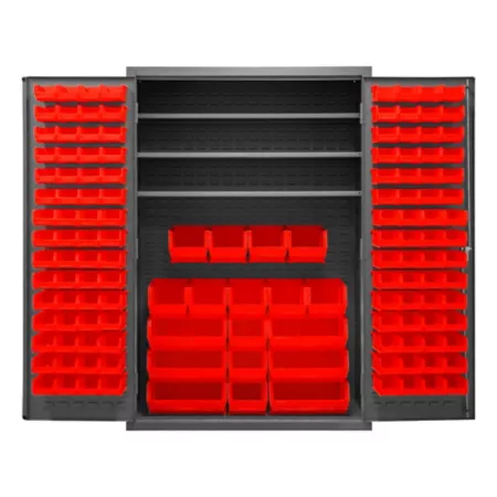 Durham MFG Steel Shelving and Bin Cabinet 750 lb Capacity 14 Gauge 138 Red Bins 3 Shelves Utility Carts