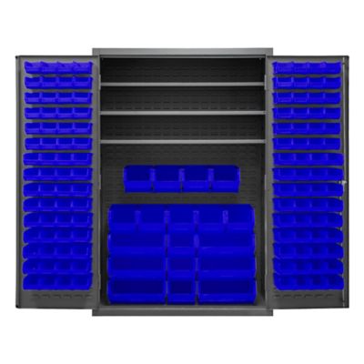 Durham MFG 138-Bin and 3-Shelf Steel Cabinet, 48 in. x 24 in. x 72 in., Blue/Gray