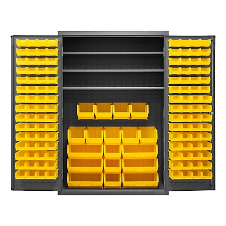 Durham MFG 750 lb. Capacity 14-Gauge Steel Shelf and Bin Cabinet, 138 Yellow Bins, 3 Shelves