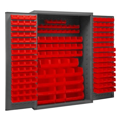 Durham MFG 186-Bin Steel Cabinet, 48 in. x 24 in. x 72 in., Red/Gray
