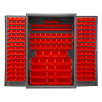 Image showing  186-Bin Steel Cabinet, 48 in. x 24 in. x 72 in., Red/Gray