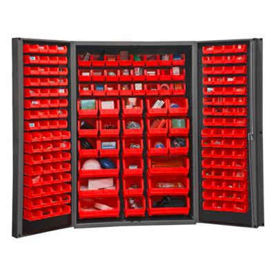 Durham MFG 14 Gauge Deep Door Cabinet, 48 in. x 24 in. x 72 in., 176 Red Bins