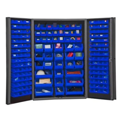 Durham MFG 14 Gauge Deep Door Cabinet, 48 in. x 24 in. x 72 in., 176 Blue Bins