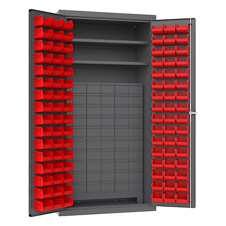 Durham MFG 14 Gauge Steel Shelf and Drawer and Bin Cabinet, 96 Red Bins