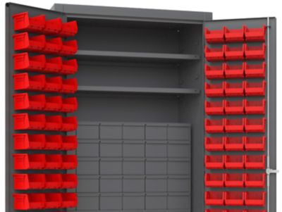 Image showing  96-Bin and 60-Drawer Steel Cabinet, 36 in. x 24 in. x 72 in., Red/Gray